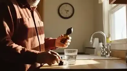 A man in his late sixties at a sunny kitchen counter shaking a small amber bottle and squeezing its bulb once over a glass of water