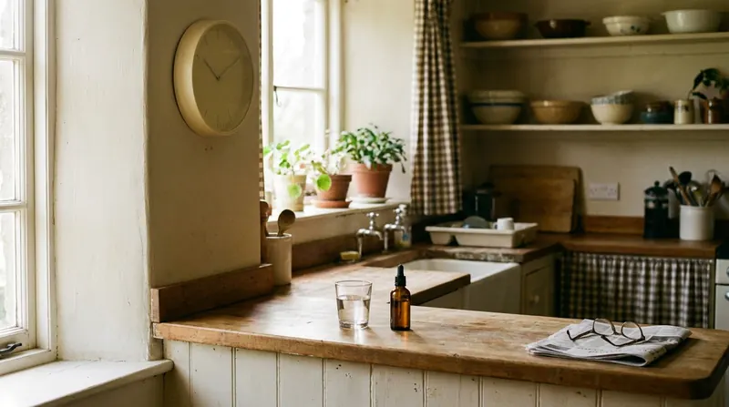 A kitchen counter at mid-morning with a glass of water and a small amber bottle under a plain wall clock
