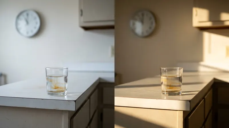 Split view of the same small glass of water on a kitchen counter in mid-morning and mid-afternoon light