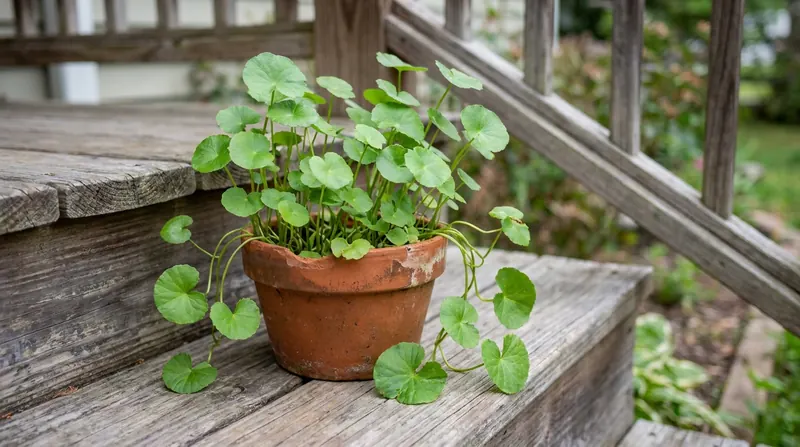 A clay pot of gotu kola with round fan-shaped leaves on a porch step