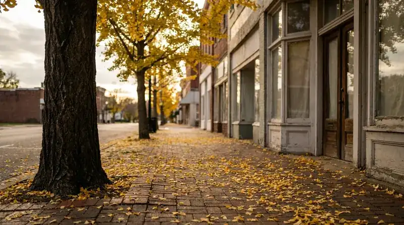 Golden fan-shaped ginkgo leaves scattered on a brick sidewalk under a street tree