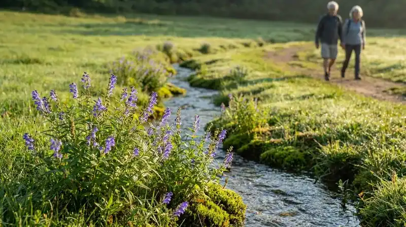 Skullcap plants with small blue-violet flowers along a stream bank in morning light