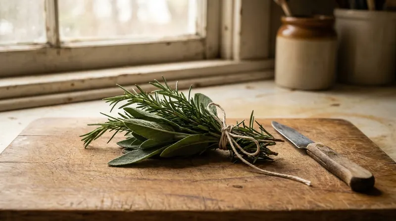 A bundle of fresh rosemary and sage tied with string on a wooden cutting board