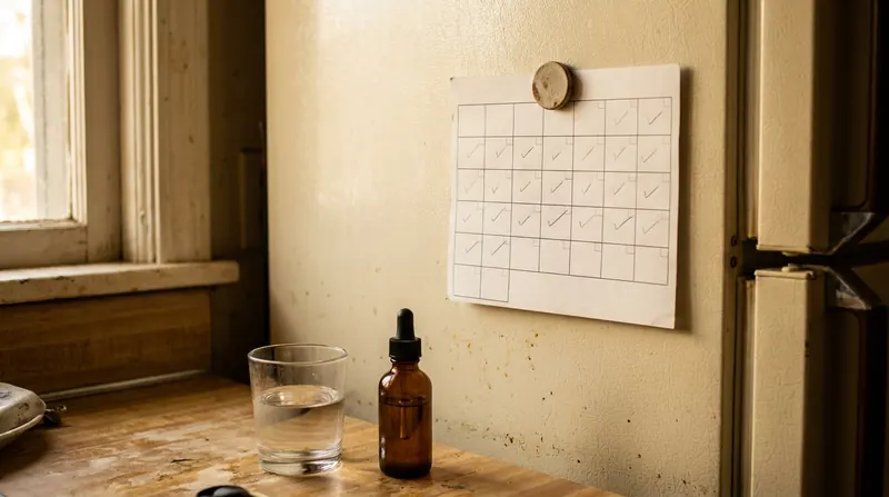 A plain paper calendar on a refrigerator door with a few squares ticked in pencil above a glass of water and a small amber bottle