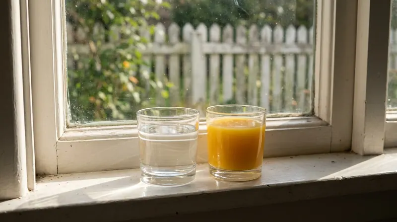 A small glass of water and a small glass of orange juice side by side on a sunny windowsill