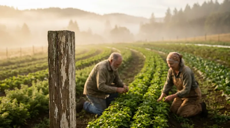 Rows of green herbs on a small farm in the wooded hills of southern Oregon in early morning mist