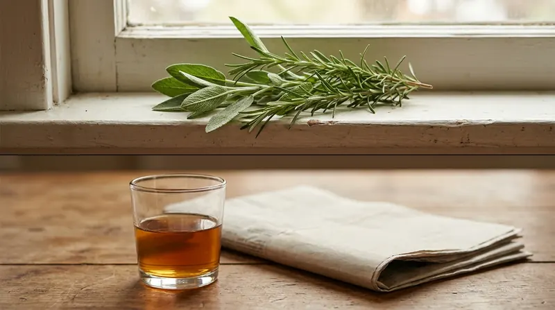 Split view of fresh sage and rosemary on a windowsill above a small tinted glass of water on a table