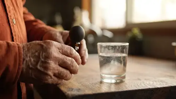 A man's hands giving a small amber bottle two short shakes above a glass of water on a kitchen counter
