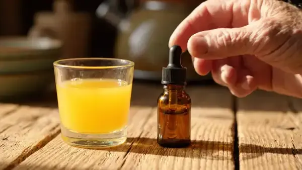 A hand squeezing the bulb of a small amber bottle once over a small glass of orange juice