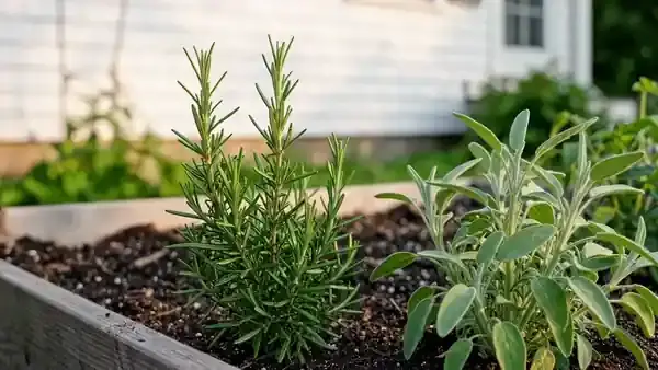 A man's fingers rubbing a sprig of rosemary in a raised garden bed beside a white clapboard house