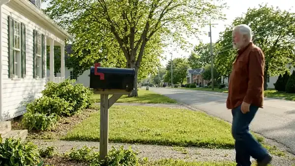 A man in his late sixties taking a small brown parcel out of a black mailbox in front of a white clapboard house