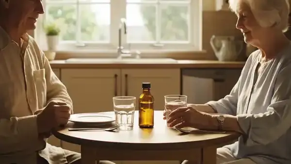 An older couple at a small kitchen table each with a small glass of water and a small amber bottle between them