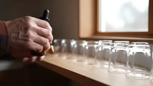 A man's hand setting a small amber bottle on a shelf beside a row of drinking glasses and taking one glass down