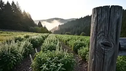 Rows of herbs on a small Oregon hillside farm swaying in a light morning breeze with mist lifting behind them