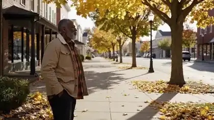 A man in his late sixties walking at an easy pace along a quiet tree-lined small-town sidewalk