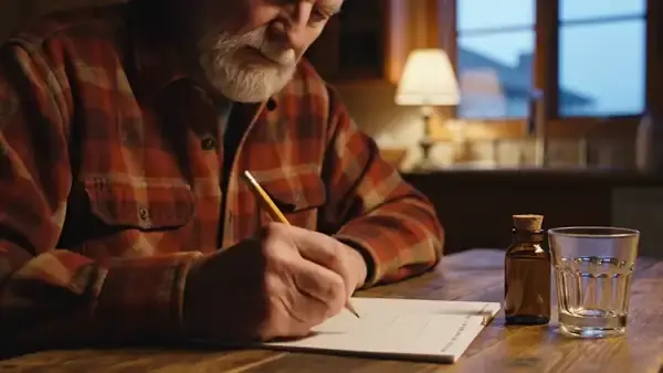 A man in his late sixties making one pencil tick on a plain paper calendar at a kitchen table in the evening