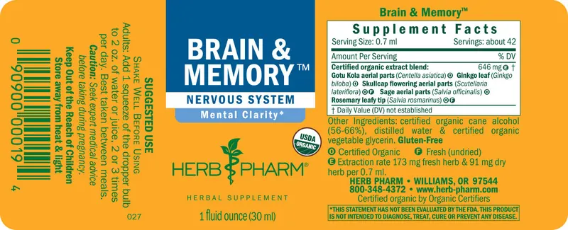 The unfolded label of the Brain & Memory bottle showing the supplement panel, the directions and the cautions